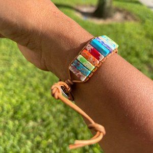 7 Chakra Bracelet Handmade Natural Stone Tube Beads Leather Wrap Women Bangle